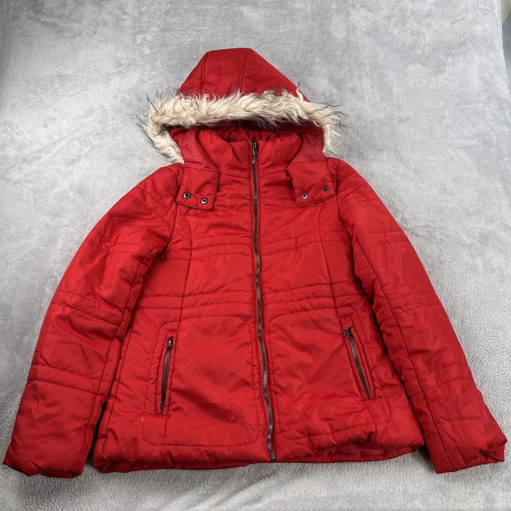 Pink Envelope Puffer Jacket M Red Womens Faux Fur Hood Quilted Winter Snow Coat